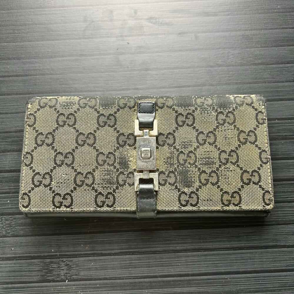 Gucci Wallet Canvas Leather Navy Round Zip Long Wallet Authentic|Used